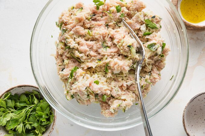 Chicken zucchini meatball mixture, ready to shape.