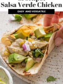 Enlist your trusty slow cooker for these super easy salsa verde chicken tacos! Humble chicken breasts are juicy and flavorful when cooked low and slow in a sauce of vibrant salsa verde, green chiles, and a blend of everyday spices. Five minutes prep time and minimal clean-up. Add your favorite toppings for a fun, delicious family dinner!