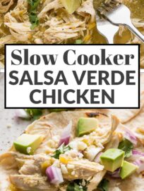 Enlist your trusty slow cooker for these super easy salsa verde chicken tacos! Humble chicken breasts are juicy and flavorful when cooked low and slow in a sauce of vibrant salsa verde, green chiles, and a blend of everyday spices. Five minutes prep time and minimal clean-up. Add your favorite toppings for a fun, delicious family dinner!