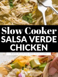 Enlist your trusty slow cooker for these super easy salsa verde chicken tacos! Humble chicken breasts are juicy and flavorful when cooked low and slow in a sauce of vibrant salsa verde, green chiles, and a blend of everyday spices. Five minutes prep time and minimal clean-up. Add your favorite toppings for a fun, delicious family dinner!