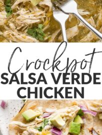 Enlist your trusty slow cooker for these super easy salsa verde chicken tacos! Humble chicken breasts are juicy and flavorful when cooked low and slow in a sauce of vibrant salsa verde, green chiles, and a blend of everyday spices. Five minutes prep time and minimal clean-up. Add your favorite toppings for a fun, delicious family dinner!