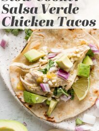 Enlist your trusty slow cooker for these super easy salsa verde chicken tacos! Humble chicken breasts are juicy and flavorful when cooked low and slow in a sauce of vibrant salsa verde, green chiles, and a blend of everyday spices. Five minutes prep time and minimal clean-up. Add your favorite toppings for a fun, delicious family dinner!