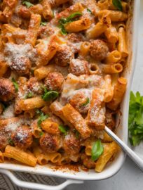 The ultimate cozy family dinner and easy solution on busy nights. We adore the tender pasta, juicy meatballs, and bubbling marinara sauce all tucked under a blanket of melted mozzarella and Parmesan. Round out dinner with a big salad and relax into the evening.