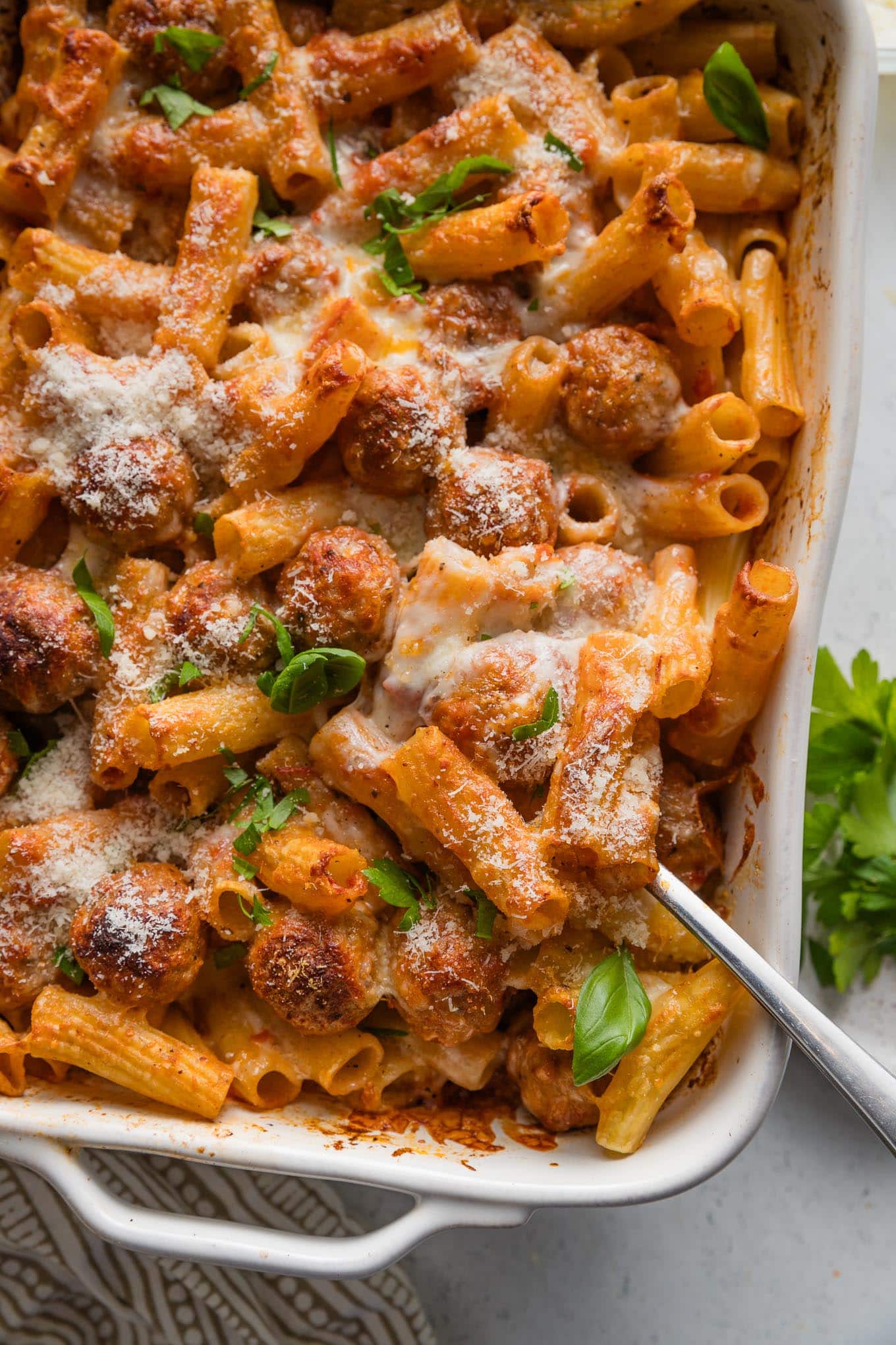 Baked Rigatoni and Meatballs - Nourish and Fete