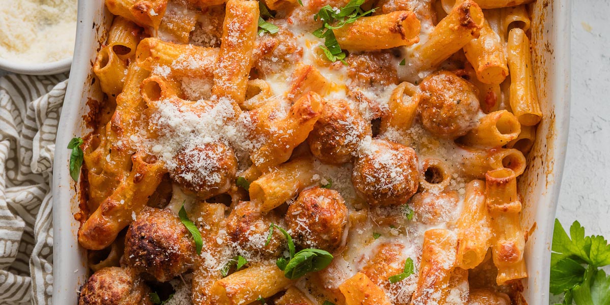 Baked Rigatoni and Meatballs - Nourish and Fete