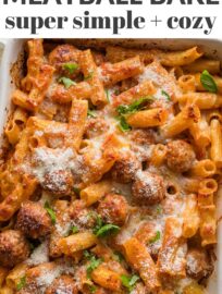 The ultimate cozy family dinner and easy solution on busy nights. We adore the tender pasta, juicy meatballs, and bubbling marinara sauce all tucked under a blanket of melted mozzarella and Parmesan. Round out dinner with a big salad and relax into the evening.