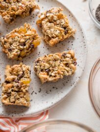 Chocolate Cashew Apricot Bars are a sweet treat you can feel good about! Packed with chewy old-fashioned oats, crunchy cashews, and naturally sweet dried fruit and honey, these are easy to make and a favorite of mine for lunch-box or road-trip snacks.
