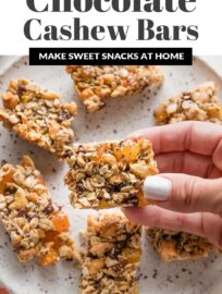 Chocolate Cashew Apricot Bars are a sweet treat you can feel good about! Packed with chewy old-fashioned oats, crunchy cashews, and naturally sweet dried fruit and honey, these are easy to make and a favorite of mine for lunch-box or road-trip snacks.