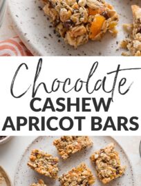 Chocolate Cashew Apricot Bars are a sweet treat you can feel good about! Packed with chewy old-fashioned oats, crunchy cashews, and naturally sweet dried fruit and honey, these are easy to make and a favorite of mine for lunch-box or road-trip snacks.