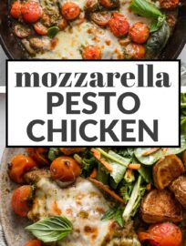 Pesto Baked Mozzarella Tomato Chicken is one ultra-flavorful dinner that largely bakes itself! It's got juicy, pan-seared chicken breasts smothered with pesto, topped with gooey mozzarella, and roasted alongside sweet cherry tomatoes. The result is a simple, flavorful dinner that comes together in one pan with everyday ingredients!