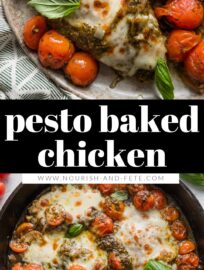 Pesto Baked Mozzarella Tomato Chicken is one ultra-flavorful dinner that largely bakes itself! It's got juicy, pan-seared chicken breasts smothered with pesto, topped with gooey mozzarella, and roasted alongside sweet cherry tomatoes. The result is a simple, flavorful dinner that comes together in one pan with everyday ingredients!