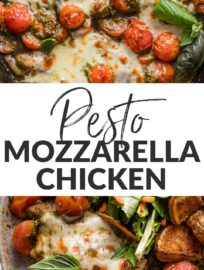 Pesto Baked Mozzarella Tomato Chicken is one ultra-flavorful dinner that largely bakes itself! It's got juicy, pan-seared chicken breasts smothered with pesto, topped with gooey mozzarella, and roasted alongside sweet cherry tomatoes. The result is a simple, flavorful dinner that comes together in one pan with everyday ingredients!
