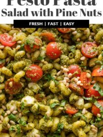 This Pesto Pasta Salad is a fresh, flavorful twist on a classic! Tossed with juicy cherry tomatoes, creamy mozzarella balls, and crunchy toasted pine nuts, it’s the perfect make-ahead side dish for cookouts, potlucks, or easy weeknight dinners.