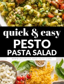 This Pesto Pasta Salad is a fresh, flavorful twist on a classic! Tossed with juicy cherry tomatoes, creamy mozzarella balls, and crunchy toasted pine nuts, it’s the perfect make-ahead side dish for cookouts, potlucks, or easy weeknight dinners.