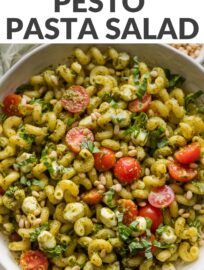 This Pesto Pasta Salad is a fresh, flavorful twist on a classic! Tossed with juicy cherry tomatoes, creamy mozzarella balls, and crunchy toasted pine nuts, it’s the perfect make-ahead side dish for cookouts, potlucks, or easy weeknight dinners.