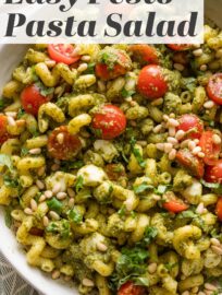 This Pesto Pasta Salad is a fresh, flavorful twist on a classic! Tossed with juicy cherry tomatoes, creamy mozzarella balls, and crunchy toasted pine nuts, it’s the perfect make-ahead side dish for cookouts, potlucks, or easy weeknight dinners.