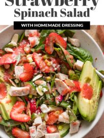 A beautiful, flavorful Strawberry Spinach Salad with Chicken is a vibrant lunch or dinner-worthy bowl, packed with dark leafy greens, juicy berries, crunchy almonds, and creamy goat cheese. We especially love pairing it with an easy homemade strawberry vinaigrette.