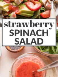 A beautiful, flavorful Strawberry Spinach Salad with Chicken is a vibrant lunch or dinner-worthy bowl, packed with dark leafy greens, juicy berries, crunchy almonds, and creamy goat cheese. We especially love pairing it with an easy homemade strawberry vinaigrette.