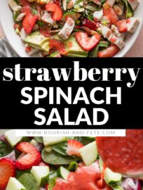 A beautiful, flavorful Strawberry Spinach Salad with Chicken is a vibrant lunch or dinner-worthy bowl, packed with dark leafy greens, juicy berries, crunchy almonds, and creamy goat cheese. We especially love pairing it with an easy homemade strawberry vinaigrette.