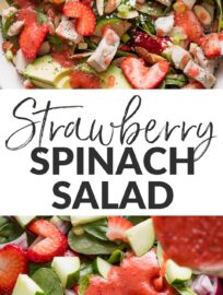 A beautiful, flavorful Strawberry Spinach Salad with Chicken is a vibrant lunch or dinner-worthy bowl, packed with dark leafy greens, juicy berries, crunchy almonds, and creamy goat cheese. We especially love pairing it with an easy homemade strawberry vinaigrette.