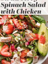 A beautiful, flavorful Strawberry Spinach Salad with Chicken is a vibrant lunch or dinner-worthy bowl, packed with dark leafy greens, juicy berries, crunchy almonds, and creamy goat cheese. We especially love pairing it with an easy homemade strawberry vinaigrette.