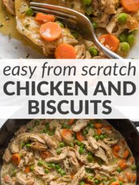 Chicken and biscuits—also known as chicken a la king—is a comfort food classic that packs tender bites of lean chicken, carrots, onion, and peas into a velvety sauce that's easy to make from scratch in one pan. Serve over biscuits for the coziest meal on a cool evening.