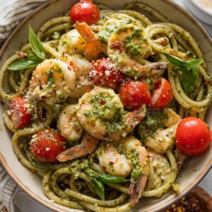 Bowl of creamy pesto shrimp with burst cherry tomatoes served over bucatini with extra grated Parm on top.