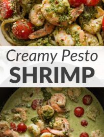 Creamy pesto shrimp with plump cherry tomatoes and generously-sprinkled Parmesan is a 25-minute meal that tastes way more involved and elegant than it actually is! Use homemade pesto or your favorite store-bought and serve over pasta, veggies, or rice for a flavorful and vibrant meal in no time flat.