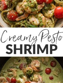 Creamy pesto shrimp with plump cherry tomatoes and generously-sprinkled Parmesan is a 25-minute meal that tastes way more involved and elegant than it actually is! Use homemade pesto or your favorite store-bought and serve over pasta, veggies, or rice for a flavorful and vibrant meal in no time flat.
