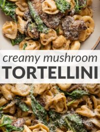 Tortellini in a light cream sauce with tender mushrooms and spinach is the perfect easy dinner that still tastes amazing! This tried-and-true method for simmering tortellini directly in a quick homemade sauce ensures you enjoy a truly one-pan, 20-minute meal with layers of flavor from garlic, Parmesan, and Italian herbs.