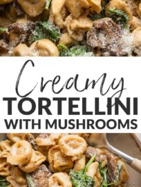 Tortellini in a light cream sauce with tender mushrooms and spinach is the perfect easy dinner that still tastes amazing! This tried-and-true method for simmering tortellini directly in a quick homemade sauce ensures you enjoy a truly one-pan, 20-minute meal with layers of flavor from garlic, Parmesan, and Italian herbs.