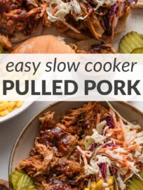 Super easy slow cooker pulled pork is a delicious base for sandwiches, bowls, or wraps any time of year. Pork shoulder is easy to season with pantry staples and BBQ sauce, then becomes fall-apart tender after cooking low and slow while you live your life.