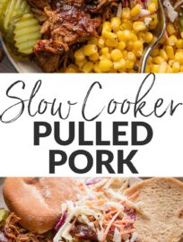 Super easy slow cooker pulled pork is a delicious base for sandwiches, bowls, or wraps any time of year. Pork shoulder is easy to season with pantry staples and BBQ sauce, then becomes fall-apart tender after cooking low and slow while you live your life.