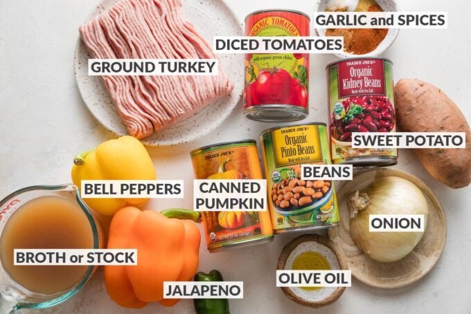 Labeled overhead ingredient photo showing lean ground turkey, chicken broth, garlic and spices, a yellow onion and sweet potato, orange and yellow bell pepper, olive oil, canned beans, diced tomatoes, and pumpkin.