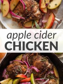 This cozy apple cider chicken skillet is surprisingly easy to make and basically delivers fall on a dinner plate! Pan-seared chicken thighs stay nice and juicy in a delicious pan sauce of fresh apple cider and a hint of Dijon, and they taste extra lovely with tender apple slices and tangy red onions. One pan and 30 minutes only!