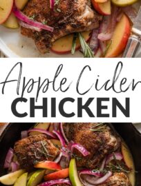 This cozy apple cider chicken skillet is surprisingly easy to make and basically delivers fall on a dinner plate! Pan-seared chicken thighs stay nice and juicy in a delicious pan sauce of fresh apple cider and a hint of Dijon, and they taste extra lovely with tender apple slices and tangy red onions. One pan and 30 minutes only!