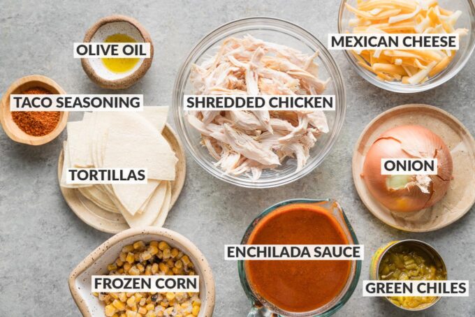 Labeled overhead photo of shredded cooked chicken, enchilada sauce, shredded cheese, onion, corn, tortillas, and seasonings.
