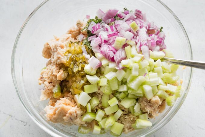 Tuna, celery, red onion, and fresh dill added to chickpeas and dressing.