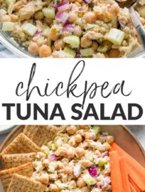 We love this chickpea tuna salad! The marriage of creamy legumes and flaky tuna—blended in a light yet flavorful mix of Greek yogurt, Dijon, fresh dill, and crisp veggies—makes a really delicious lunch you can prep and pair with greens or grains to stay satisfied all day. It's also a great menu item for hosting daytime gatherings!