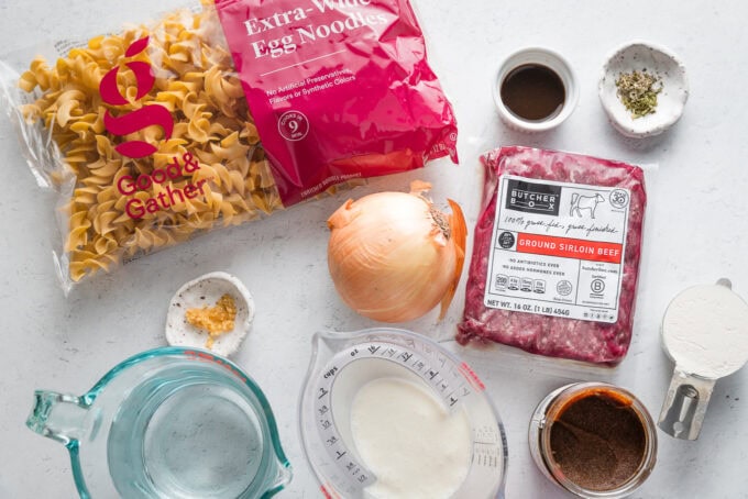 Overhead photo of egg noodles, ground beef, onion, garlic, and seasonings.