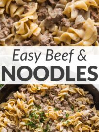 This recipe for Ground Beef and Noodles is extra quick, easy, and comforting for a cozy dinner on busy nights. We think of it like a stovetop version of family favorite sausage noodle casserole, with a short ingredient list, simple instructions, and kid-friendly sauce that coats tender egg noodles with home-cooked love.