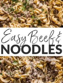 This recipe for Ground Beef and Noodles is extra quick, easy, and comforting for a cozy dinner on busy nights. We think of it like a stovetop version of family favorite sausage noodle casserole, with a short ingredient list, simple instructions, and kid-friendly sauce that coats tender egg noodles with home-cooked love.
