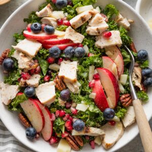 Bowl full of a meal-sized kale salad with chopped apples, fresh blueberries and pomegranate arils, Pecorino, pecans, and grilled chicken.