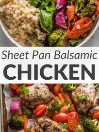 This fast and flavorful sheet pan balsamic chicken with broccoli, baby carrots, tomatoes, and onions is a one pan wonder you can prep for the oven in less than 30 minutes. The marinade alone is to die for! All together, the combo makes a nourishing weeknight dinner or satisfyingly nutritious lunches throughout the week.