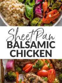 This fast and flavorful sheet pan balsamic chicken with broccoli, baby carrots, tomatoes, and onions is a one pan wonder you can prep for the oven in less than 30 minutes. The marinade alone is to die for! All together, the combo makes a nourishing weeknight dinner or satisfyingly nutritious lunches throughout the week.