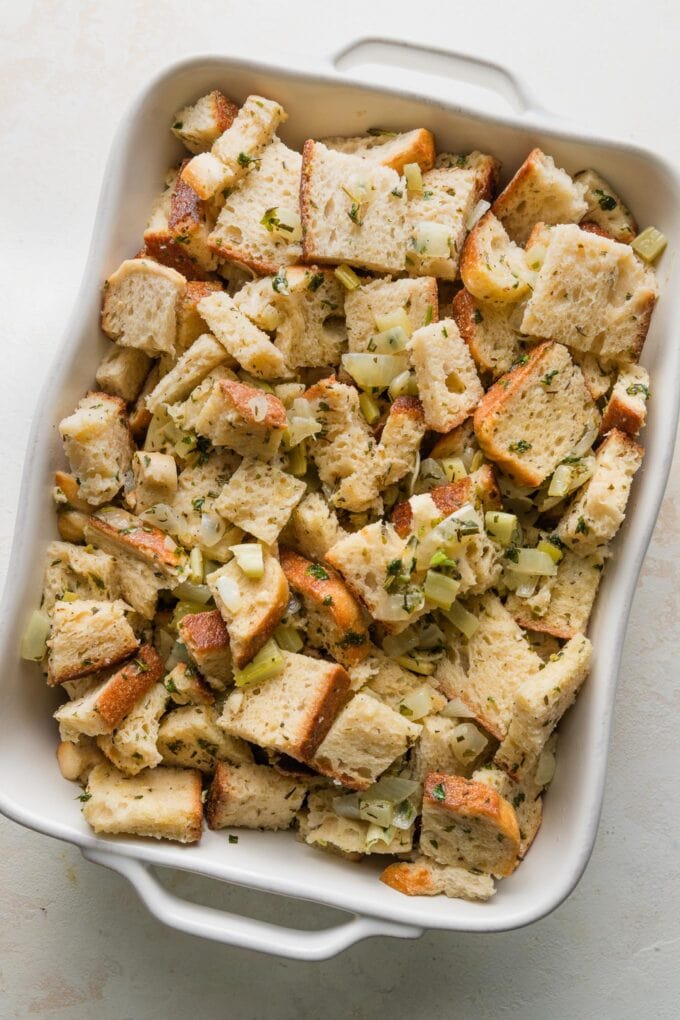 Pan of bread stuffing ready to go in the oven.