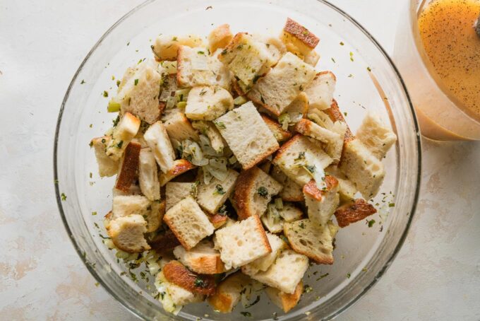 Stuffing mixture mixed in a bowl.