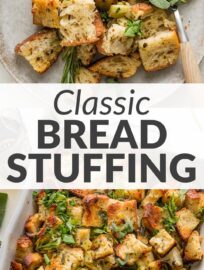 This bread stuffing recipe has everything you crave in a holiday side: richly-buttered hunks of bread, tender onions and celery, and a full array of fresh herbs to evoke everything you love about fall and winter. After years of experimentation, this is the recipe we come back to again and again for a simple, cozy classic. Easy to make ahead, too!