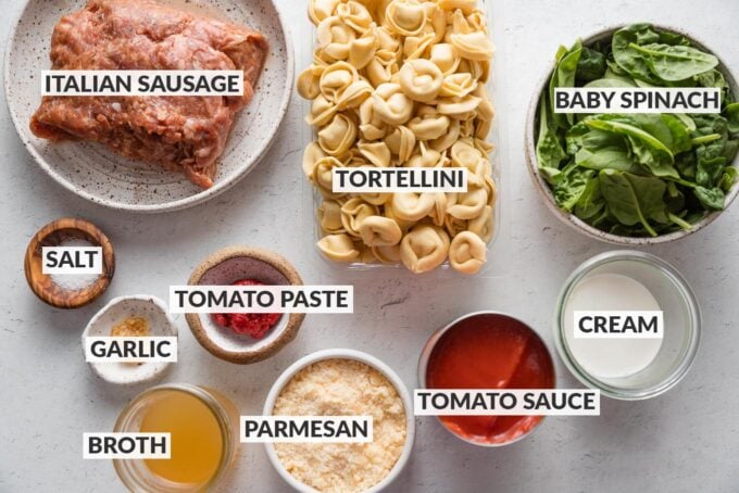 Labeled overhead image of ingredients: fresh tortellini, crumbled Italian sausage, fresh baby spinach, tomato paste, tomato sauce, cream, chicken broth, garlic, and Parmesan cheese.