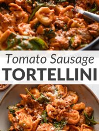 Tomato sausage tortellini will be a new favorite when you need big flavor in no time. It's a cozy, easy recipe that brings together tender pockets of pasta, creamy tomato sauce, flavorful Italian sausage, and ribbons of dark leafy greens—all in a one-pan wonder.